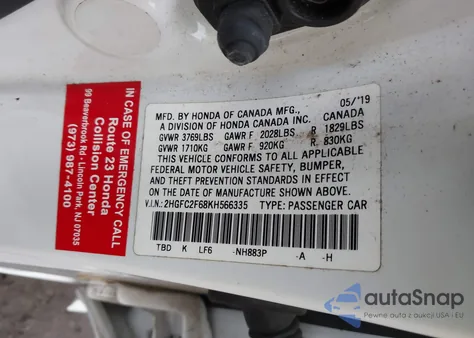 2019 Honda Civic Lx z USA, uszkodzony, nr VIN 2HGFC2F68KH566335